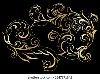 Vector set of hand-painted vintage baroque ornament. Retro pattern antique style acanthus