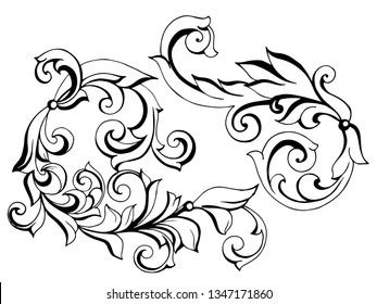 Vector set of hand-painted vintage baroque ornament. Retro pattern antique style acanthus