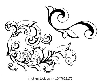 Vector set of hand-painted vintage baroque ornament. Retro pattern antique style acanthus
