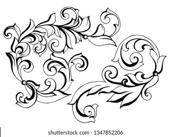 Vector set of hand-painted vintage baroque ornament. Retro pattern antique style acanthus