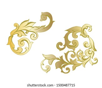 Vector set of hand-painted vintage baroque ornament. Retro pattern antique style acanthus