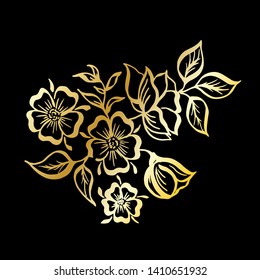 Vector set of hand-painted vintage flowers with curls isolated on white background