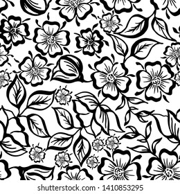 Vector set of hand-painted vintage flowers. Seamless ornamental pattern