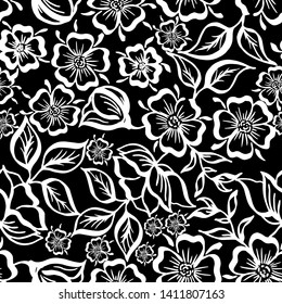 Vector set of hand-painted vintage flowers. Seamless ornamental pattern