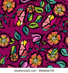 Vector set of hand-painted vintage flowers. Seamless ornamental pattern