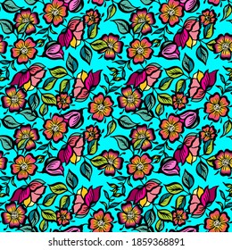 Vector set of hand-painted vintage flowers. Seamless ornamental pattern