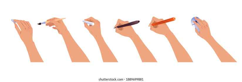 Vector set of hands with brush, pencil and chalk isolated on white background.