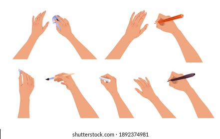 Vector set of hands with brush, pencil and chalk isolated on white background.