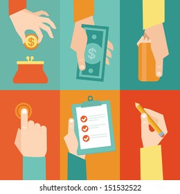 Vector set of hands - clients purchasing work in flat retro style