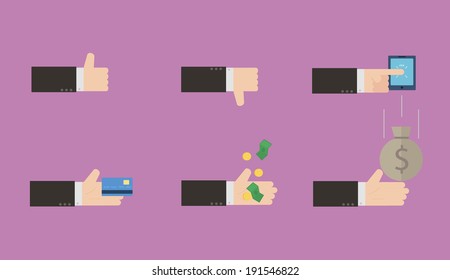 Vector set of hands - clients purchasing work in flat retro style