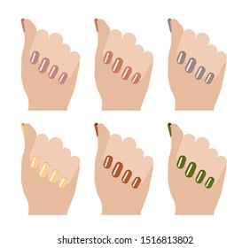 Vector set of hands with different color of nail polish. Fashion. Autumn pallet