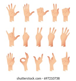 Vector set of hands in different gestures emotions isolated on white background for your design