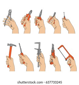 vector set of hands with different instruments, hand drawn line illustration