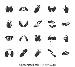 Vector set of hands flat icons. Contains icons applause, handshake, high five, helping hand, little bit, hand washing and more. Pixel perfect.