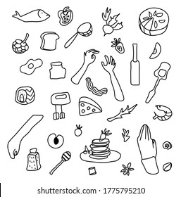 Vector set with hands and food. Clip art illustrations with pie,pancakes, wine, strawberries, honey, mixer, shrimp salad, bun, sushi, spaghetti cheese, fruit and vegetables, olive oil, avocado, menu.