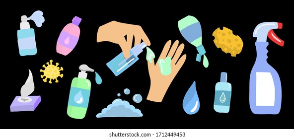 Vector set of hands and gel antibacterial against coronavirus. Hand disinfectants in flat style. Precautions during an epidemic. Soap and gel bottles isolated on dark background.