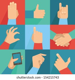 Vector set of hands and gestures in flat retro style