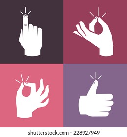 Vector set of hands and gestures in flat style- magic snap, okay sign