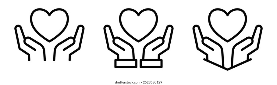 Vector set of hands holding heart icons, representing care, charity, and love. Editable stroke.
