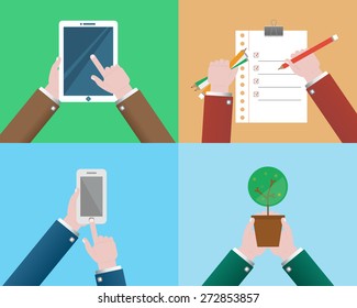 Vector set of hands holding mobile phone, digital tablet, tree, picture frame, pencil, Clock, calendar in design. Isolated illustrations on colorful background.