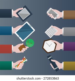 Vector set of hands holding mobile phone, digital tablet, tree, picture frame, pencil, Clock, calendar in design. Isolated illustrations on colorful background.