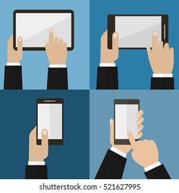 Vector Set Of Hands Holding Phone And Tablet In Flat Design.