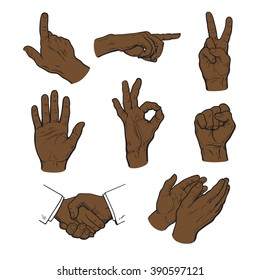 Vector set of hands. Icons of different characters. Pointing finger. Clapping, applause, Stop and ok. Touching anything. Finger touch monitor. Finger points to something. Fist as a symbol of strength
