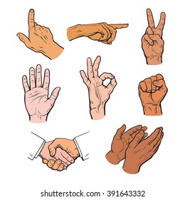 Vector set of hands. Icons of different characters. Pointing finger. Clapping, applause, Stop and ok. Touching anything. Finger touch monitor. Finger points to something. Fist as a symbol of strength