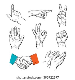 Vector set of hands. Icons of different characters. Pointing finger. Clapping, applause, Stop and ok. Touching anything. Finger touch monitor. Finger points to something. Fist as a symbol of strength