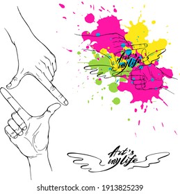 Vector set: hands, multicolor pink, yellow, green, blue spots with splashes, hand drawn lettering "art's my life" with wings. Elements for design t-shirt print, poster, notebook cover.