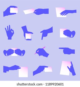 Vector Set Of Hands With Paper, Hand Index Finger, Fingers Folded OK, Silhouette Of Female And Male Hands