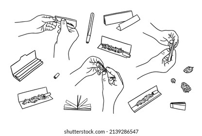 Vector Set With Hands Rolling Weed Joint, Rolling Paper, Filters And Buds Of Marijuana 