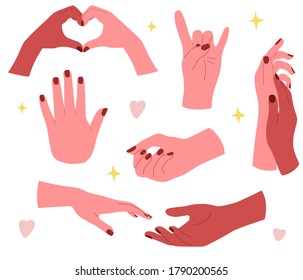 Vector set of hands, romantic holding hands, manicure and nail care illustration, beautifel young woman, fingers, arm, skin
