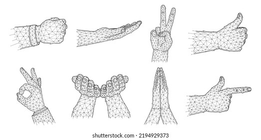 Conjunto vectorial de manos que muestran gestos de estilo poligonal. Gestos de mano Ok, pulgares arriba, paz, rezar, puño, dar y pistolas de dedo. Manos en un estilo abstracto hecho de líneas y puntos.