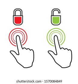 Vector set of hands unlocked with fingerprint button and password notification. Open and closed lock and unlock icon padlock. File access flat linear icons set. Accept and refuse symbol