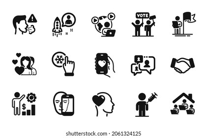 Vector set of Handshake, Friend and Dating app icons simple set. Video conference, Couple and Cough icons. People vaccination, Support chat and Startup signs. Handshake simple web symbol. Vector