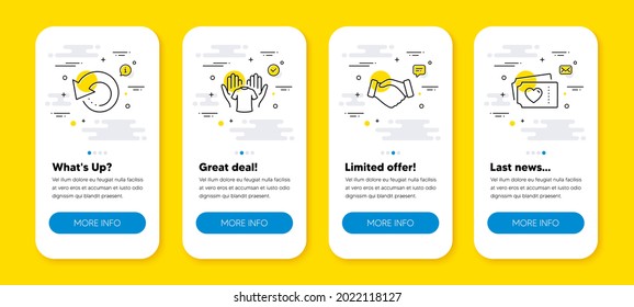 Vector set of Handshake, Recovery data and Hold t-shirt line icons set. UI phone app screens with line icons. Love tickets icon. Deal hand, Backup info, Laundry shirt. Valentine day. Vector
