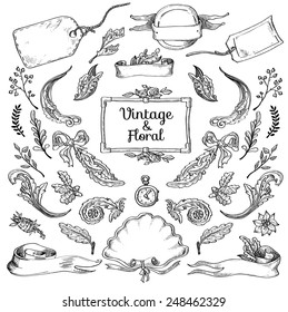 Vector set of handsketched labels: page decoration, Premium Quality and Satisfaction Guarantee Label, antique and baroque frames and floral ornaments | Old paper texture with grunge frames.
