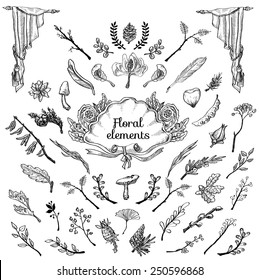 Vector set of handsketched labels: page decoration, Premium Quality and Satisfaction Guarantee Label, antique and baroque frames and floral ornaments | Old paper texture with grunge frames.