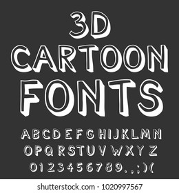 Vector set of handwritten 3D ABC letters, numbers, and symbols. Handcrafted vector script alphabet calligraphy font, icon, letters named 3D Cartoon fonts