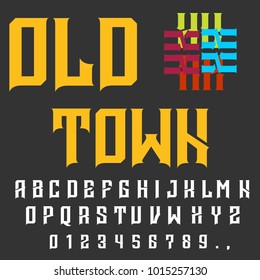 Vector set of handwritten ABC letters, numbers, and symbols. Handcrafted vector script alphabet calligraphy font, icon, letters named Old Town