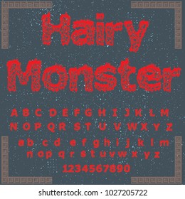 Vector set of handwritten ABC letters, numbers, and symbols. Handcrafted vector script alphabet calligraphy font, icon, letters, vintage named Hairy Monster

