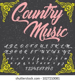 Vector Set Of Handwritten ABC Letters, Numbers, And Symbols. Handcrafted Vector Script Alphabet Calligraphy Font, Icon, Letters,vintage And Grunge Background Named Country Music