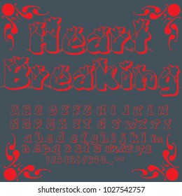 Vector set of handwritten ABC letters, numbers, and symbols. Handcrafted vector script alphabet calligraphy font, icon, letters,vintage named Heart Breaking