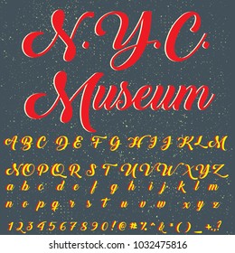 Vector set of handwritten ABC letters, numbers, and symbols. Handcrafted vector script alphabet calligraphy font, icon, grunge background,script,letters named N.Y.C. Museum