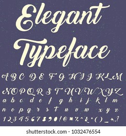 Vector set of handwritten ABC letters, numbers, and symbols. Handcrafted vector script alphabet calligraphy font, icon, grunge background,script,letters named Elegant Typeface