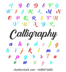 Vector set of handwritten ABC letters, numbers, and symbols. Handcrafted vector script alphabet calligraphy fonts