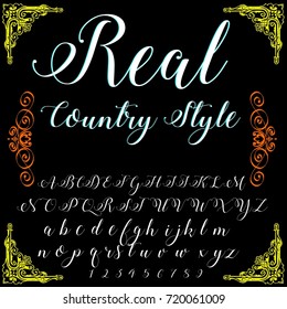Vector Set Of Handwritten ABC Letters, Numbers And Symbols. Handcrafted Vector Script Alphabet Calligraphy Font, Letters Named Real Country Style