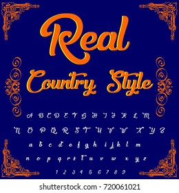 Vector set of handwritten ABC letters, numbers and symbols. Handcrafted vector script alphabet calligraphy font, letters named Real Country Style. hipster typeface