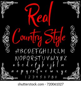 Vector set of handwritten ABC letters, numbers and symbols. Handcrafted vector script alphabet calligraphy font, letters named Real Country Style